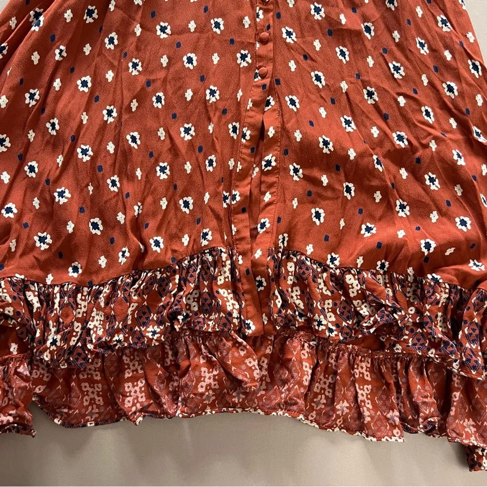 Free People Calico Skies Rust Floral Boho Longline Duster XS